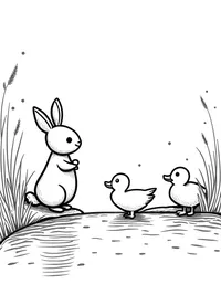 bunny feeding ducks by a tranquil pond