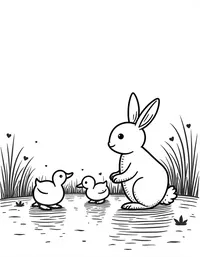 bunny feeding ducks by a tranquil pond