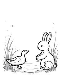 bunny feeding ducks by a tranquil pond