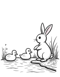 bunny feeding ducks by a tranquil pond