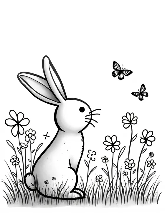 bunny observing butterflies in a flower garden