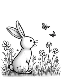 bunny observing butterflies in a flower garden coloring pages