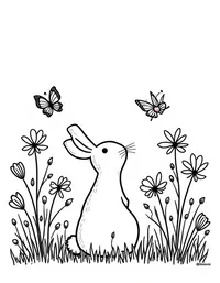 bunny observing butterflies in a flower garden