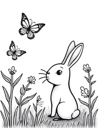 bunny observing butterflies in a flower garden