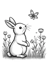 bunny observing butterflies in a flower garden