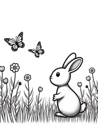 bunny observing butterflies in a flower garden