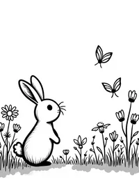 bunny observing butterflies in a flower garden