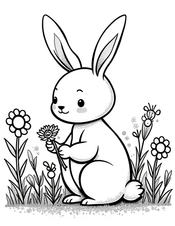 bunny planting flowers in a spring garden