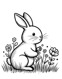 bunny planting flowers in a spring garden