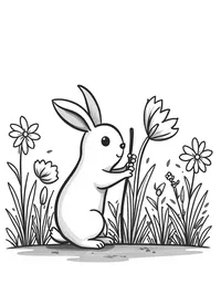 bunny planting flowers in a spring garden