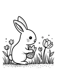 bunny planting flowers in a spring garden