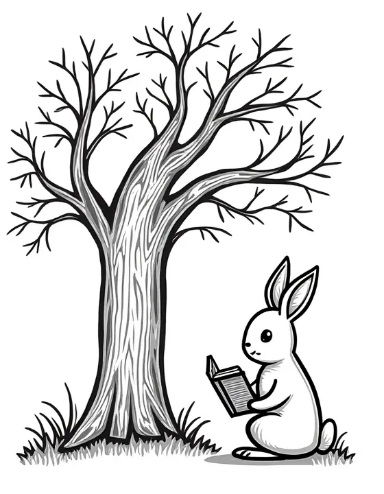 bunny reading books under an old tree