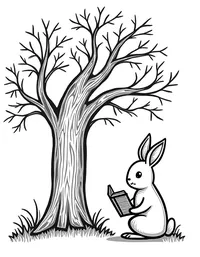 bunny reading books under an old tree