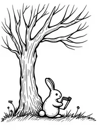 bunny reading books under an old tree