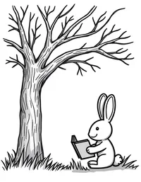 bunny reading books under an old tree