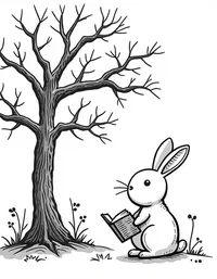 bunny reading books under an old tree