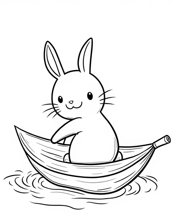 bunny riding a leaf boat on a stream