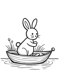 bunny riding a leaf boat on a stream