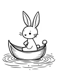 bunny riding a leaf boat on a stream