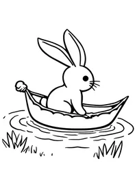 bunny riding a leaf boat on a stream