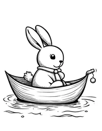 bunny riding a leaf boat on a stream