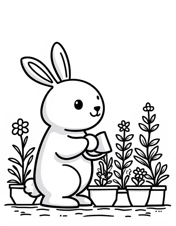 bunny watering plants in a greenhouse