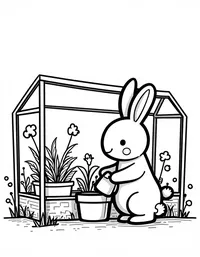 bunny watering plants in a greenhouse