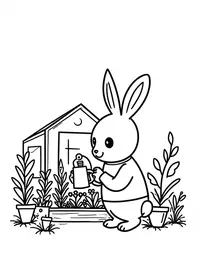 bunny watering plants in a greenhouse