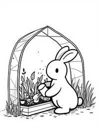 bunny watering plants in a greenhouse