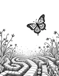 butterfly flies through a garden maze