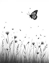 butterfly flies through a misty meadow