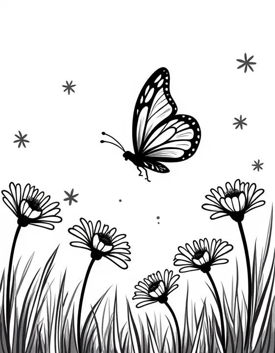 butterfly flits between daisies in a meadow