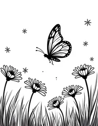 butterfly flits between daisies in a meadow coloring pages