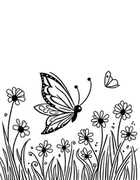 butterfly flits between daisies in a meadow