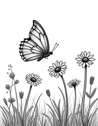 butterfly flits between daisies in a meadow