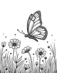 butterfly flits between daisies in a meadow