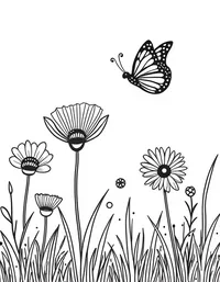 butterfly flits between daisies in a meadow