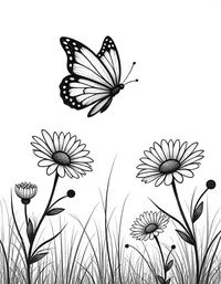 butterfly flits between daisies in a meadow