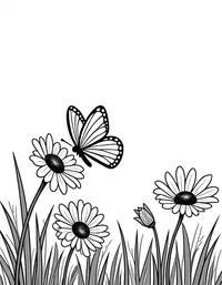 butterfly flits between daisies in a meadow
