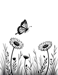 butterfly flits between daisies in a meadow