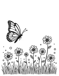 butterfly flits between daisies in a meadow