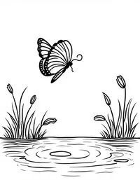 butterfly floats over a serene pond