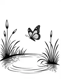 butterfly floats over a serene pond