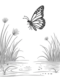 butterfly floats over a serene pond