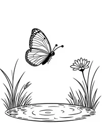 butterfly floats over a serene pond