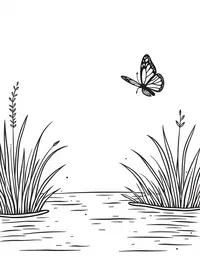 butterfly floats over a serene pond