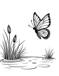 butterfly floats over a serene pond