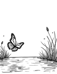 butterfly floats over a serene pond