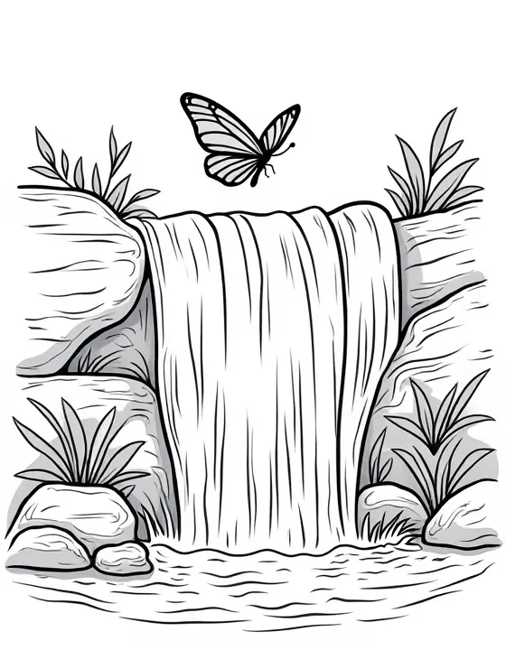 butterfly flutters around a cascading waterfall