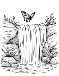 butterfly flutters around a cascading waterfall coloring pages